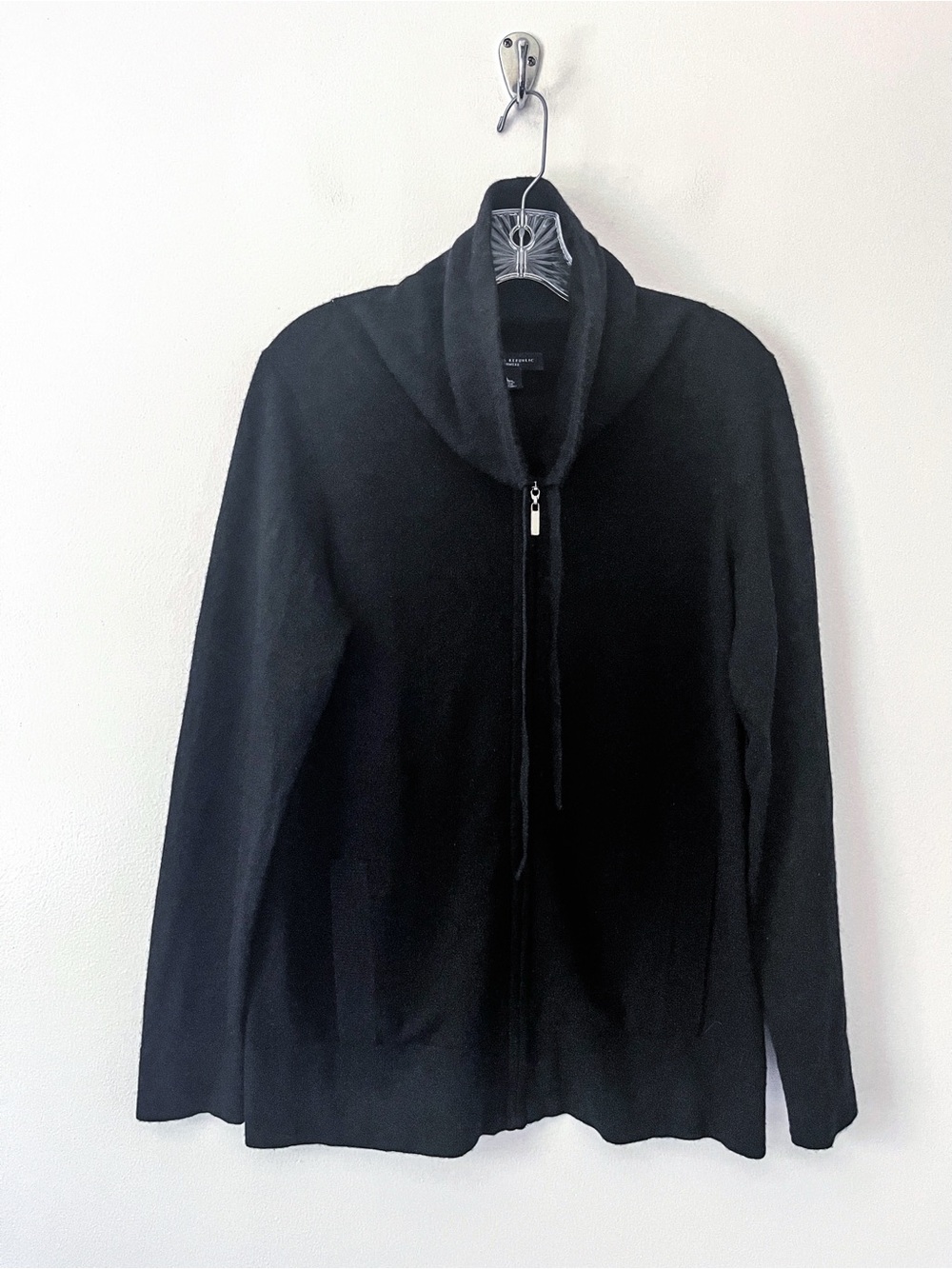 Banana Republic 100% Cashmere Wide Neck Cowl Full Zip Black Knit Sweater Large
